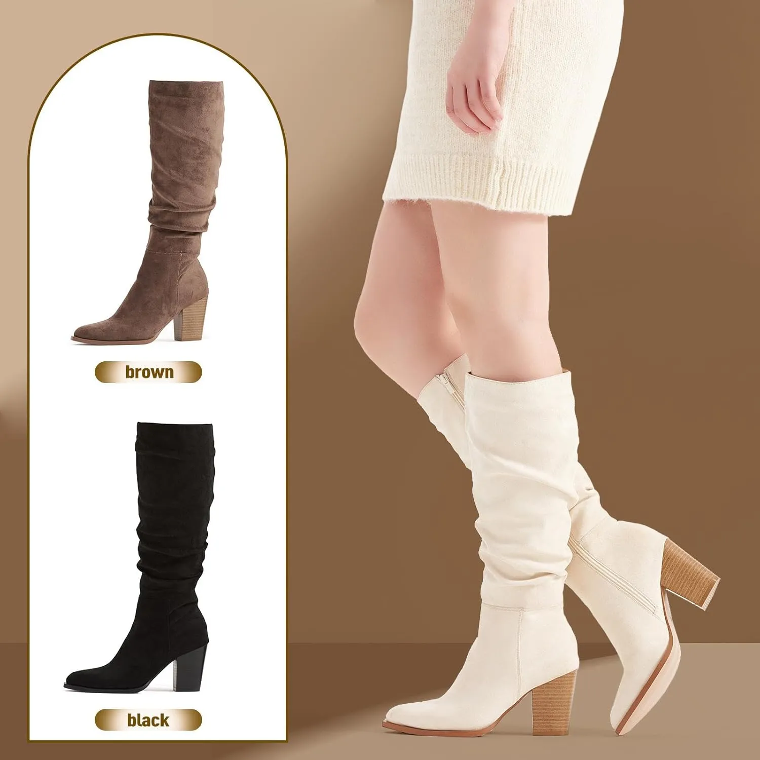 Putu Women's Pointed Toe Knee High Boots Faux Suede Slouch Boots with Chunky Heel