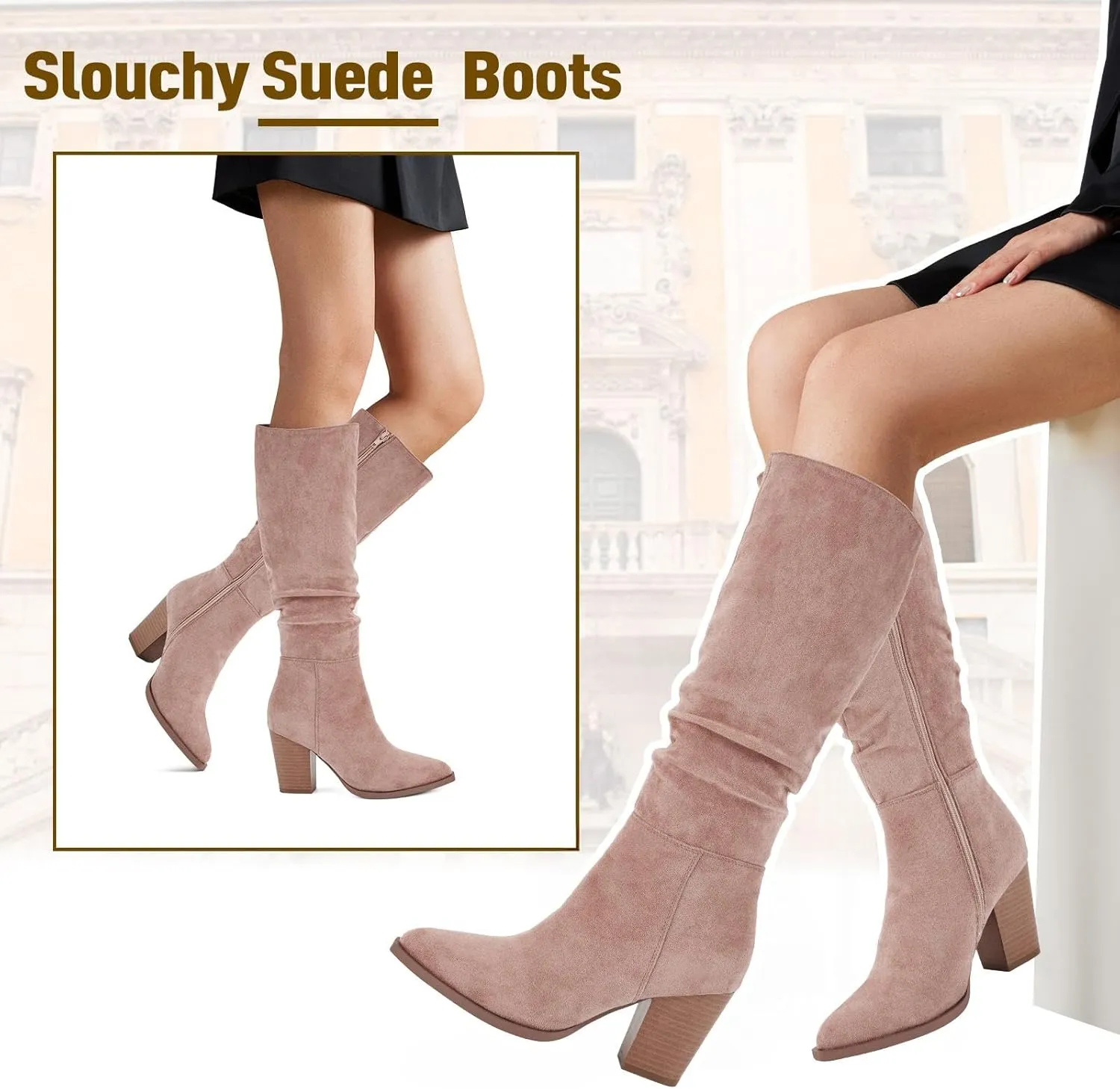 Putu Women's Pointed Toe Knee High Boots Faux Suede Slouch Boots with Chunky Heel