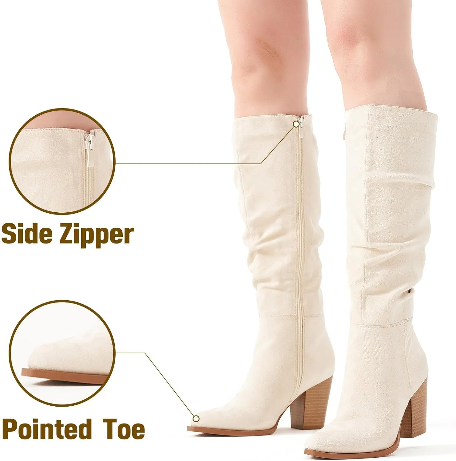 Putu Women's Pointed Toe Knee High Boots Faux Suede Slouch Boots with Chunky Heel