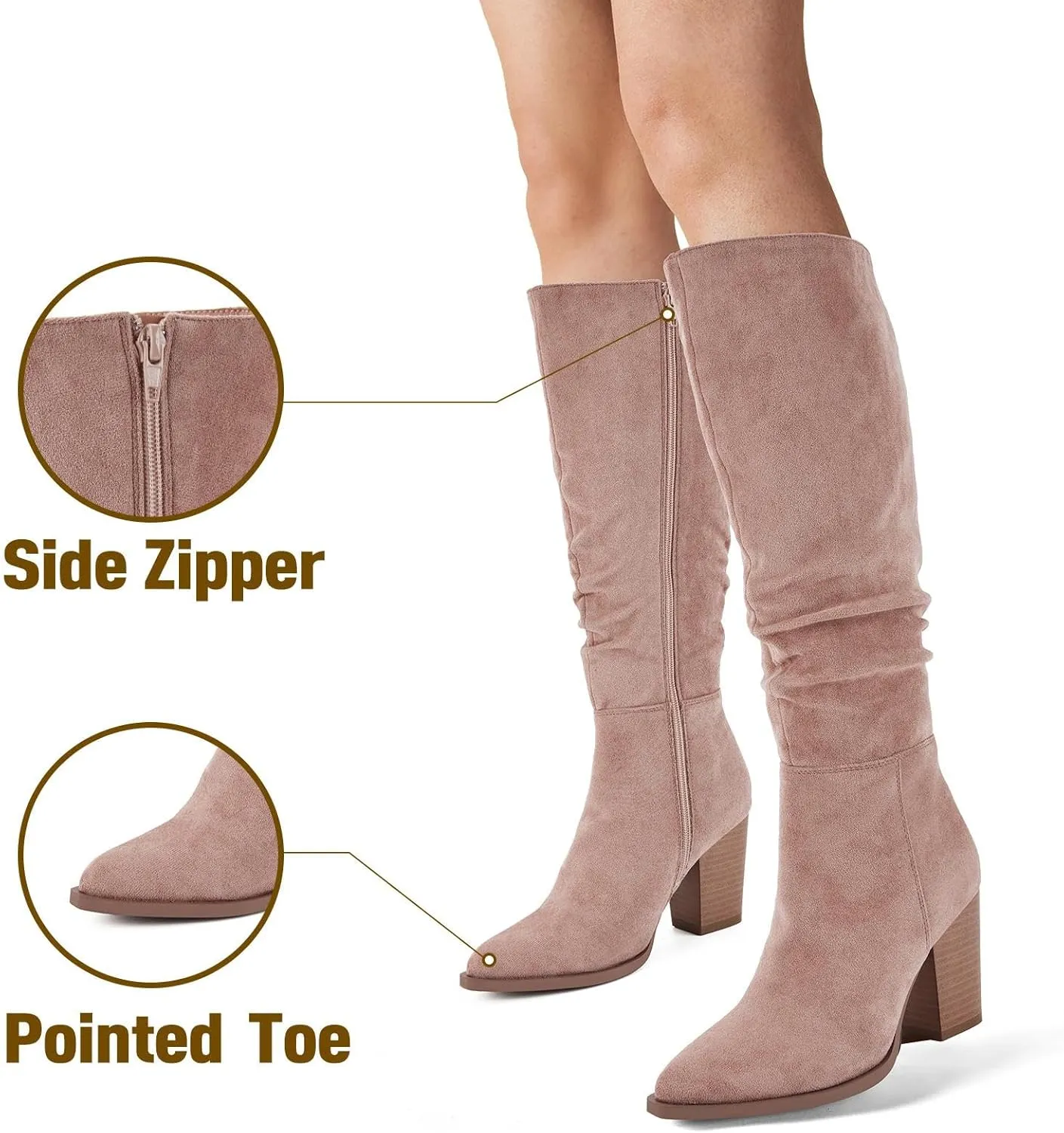 Putu Women's Pointed Toe Knee High Boots Faux Suede Slouch Boots with Chunky Heel