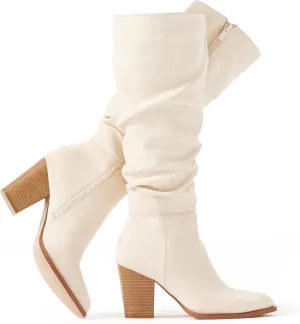 Putu Women's Pointed Toe Knee High Boots Faux Suede Slouch Boots with Chunky Heel