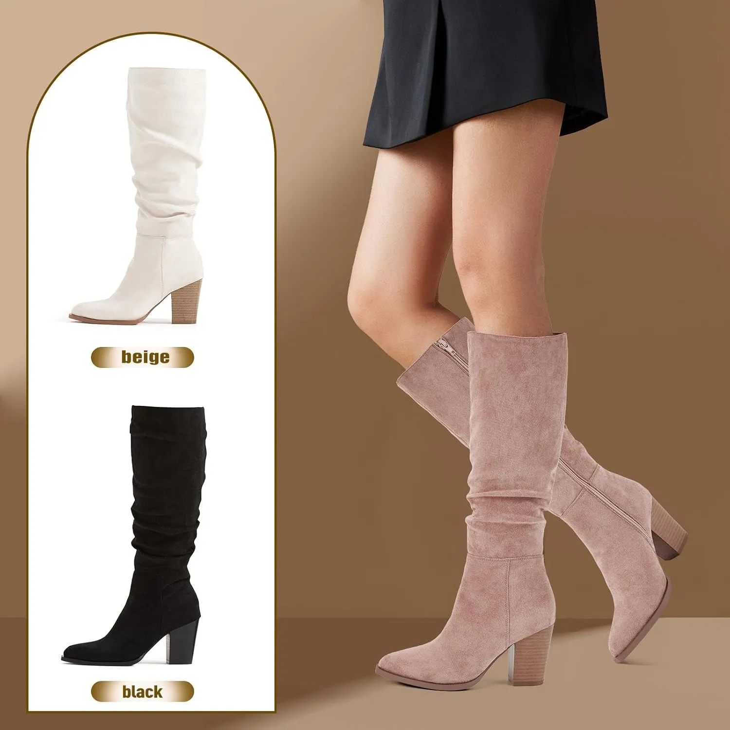 Putu Women's Pointed Toe Knee High Boots Faux Suede Slouch Boots with Chunky Heel