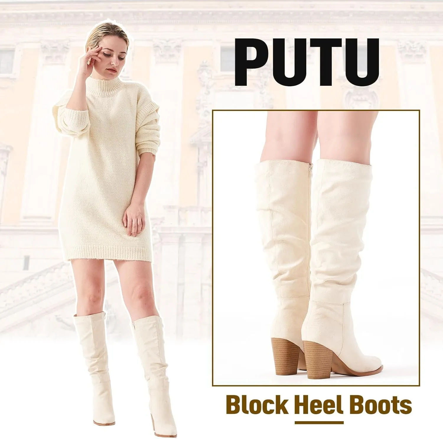 Putu Women's Pointed Toe Knee High Boots Faux Suede Slouch Boots with Chunky Heel