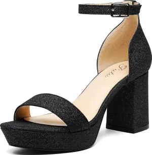 Putu Women's Rhinestone Heeled Sandals Glitter Chunky Heeled Sandals Open Toe Dressy Sandals for Wedding,Prom,Event