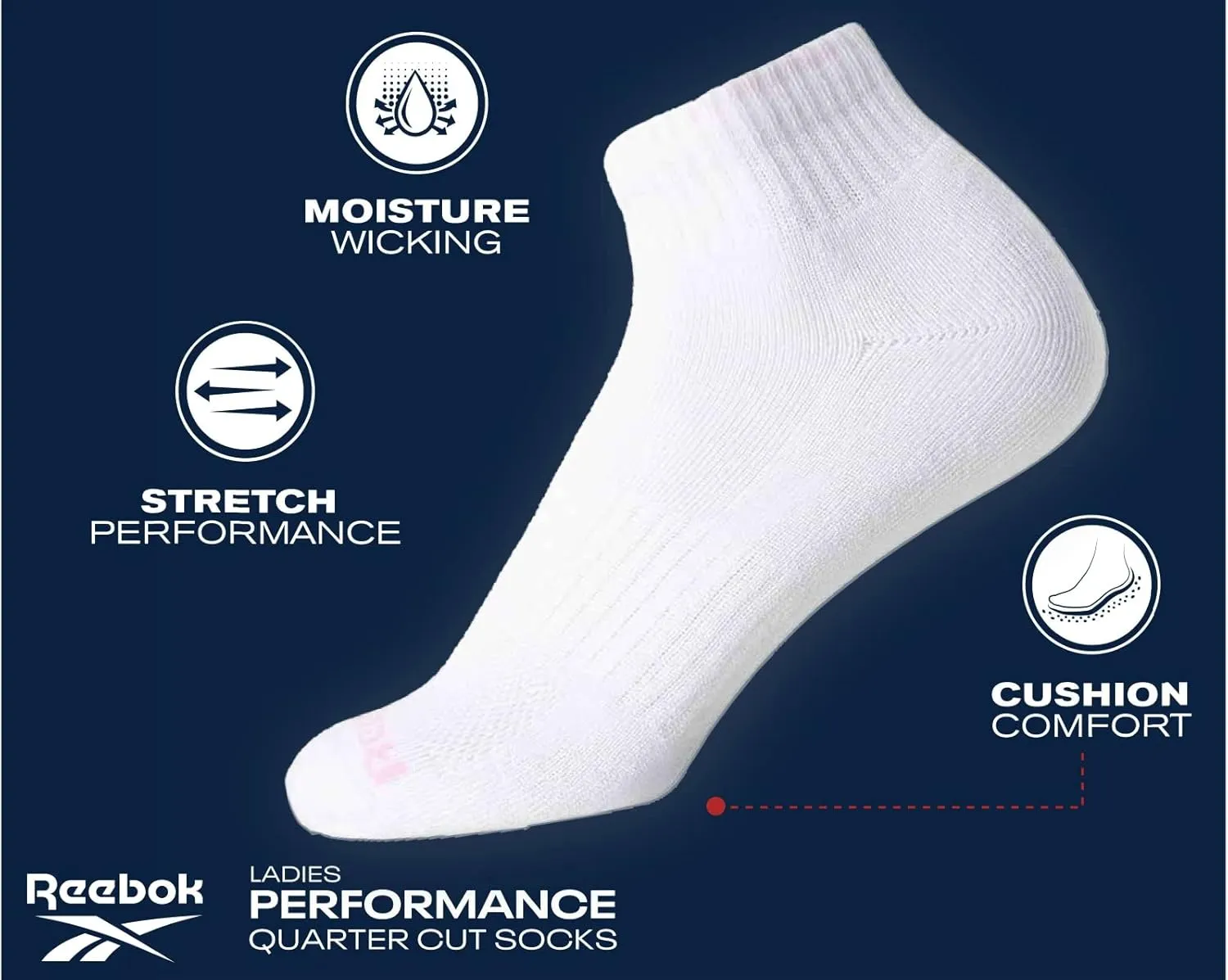 Reebok Womens Socks - 6 Pack Quarter Cut Moisture Wicking Stretch Performance Cushioned Socks for Women (Sizes: 4-10)