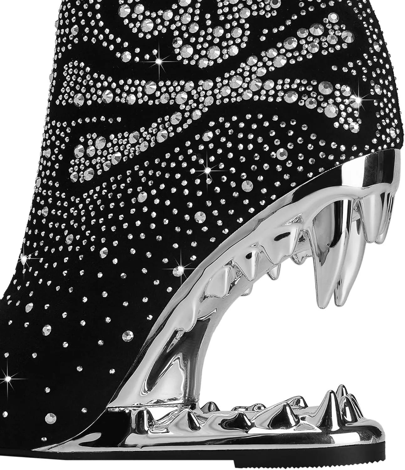 Rhinestone Sparkling Ankle Boots for Women Flame Shark Teeth Heel Booties Tiger Tooth High Heeled Glitter Boots