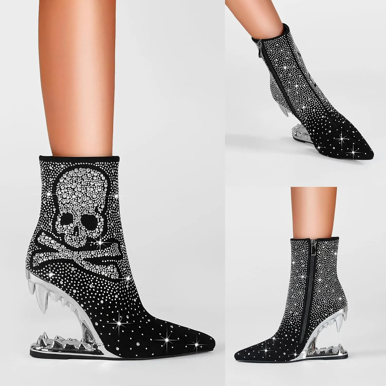 Rhinestone Sparkling Ankle Boots for Women Flame Shark Teeth Heel Booties Tiger Tooth High Heeled Glitter Boots
