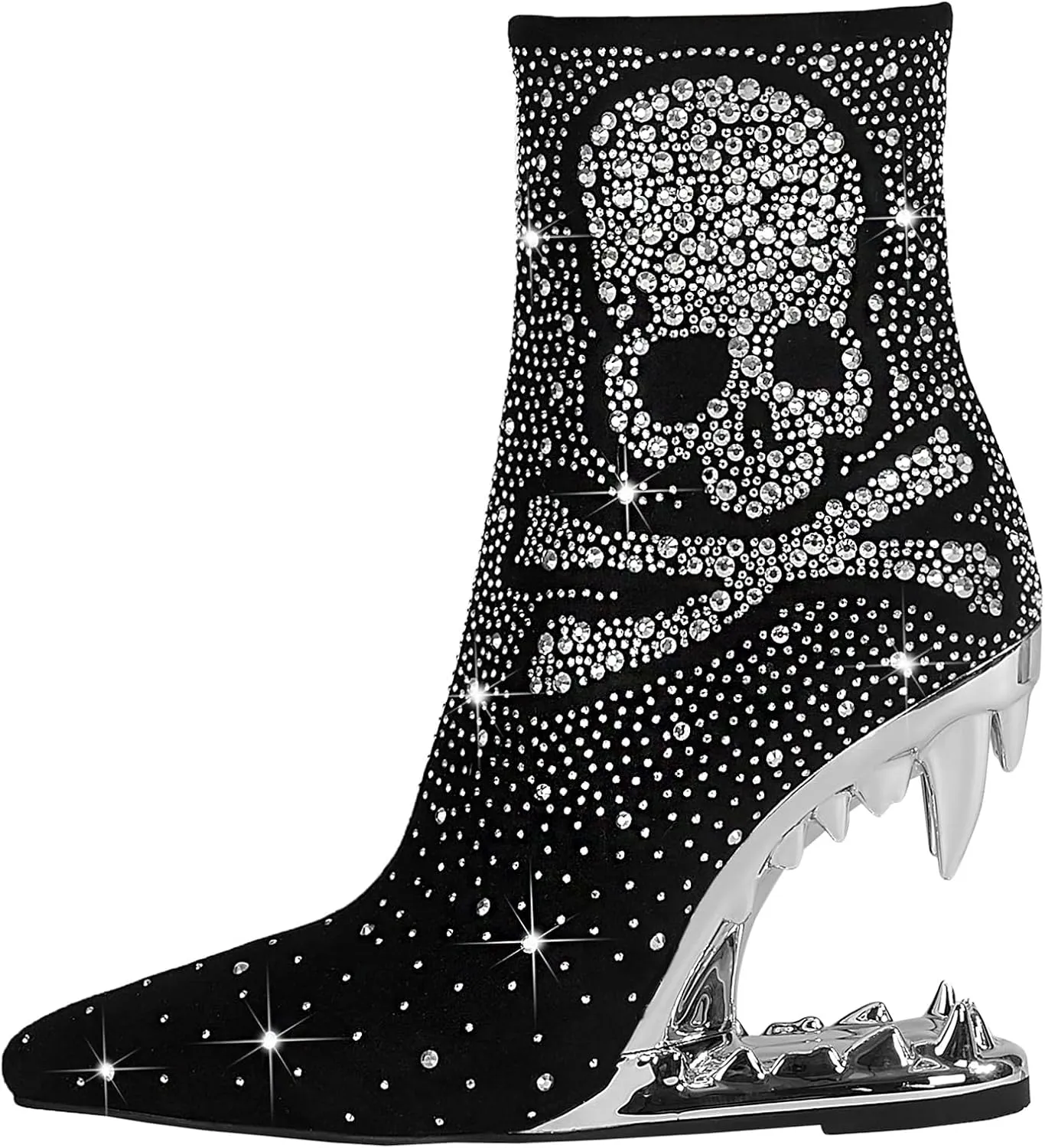 Rhinestone Sparkling Ankle Boots for Women Flame Shark Teeth Heel Booties Tiger Tooth High Heeled Glitter Boots