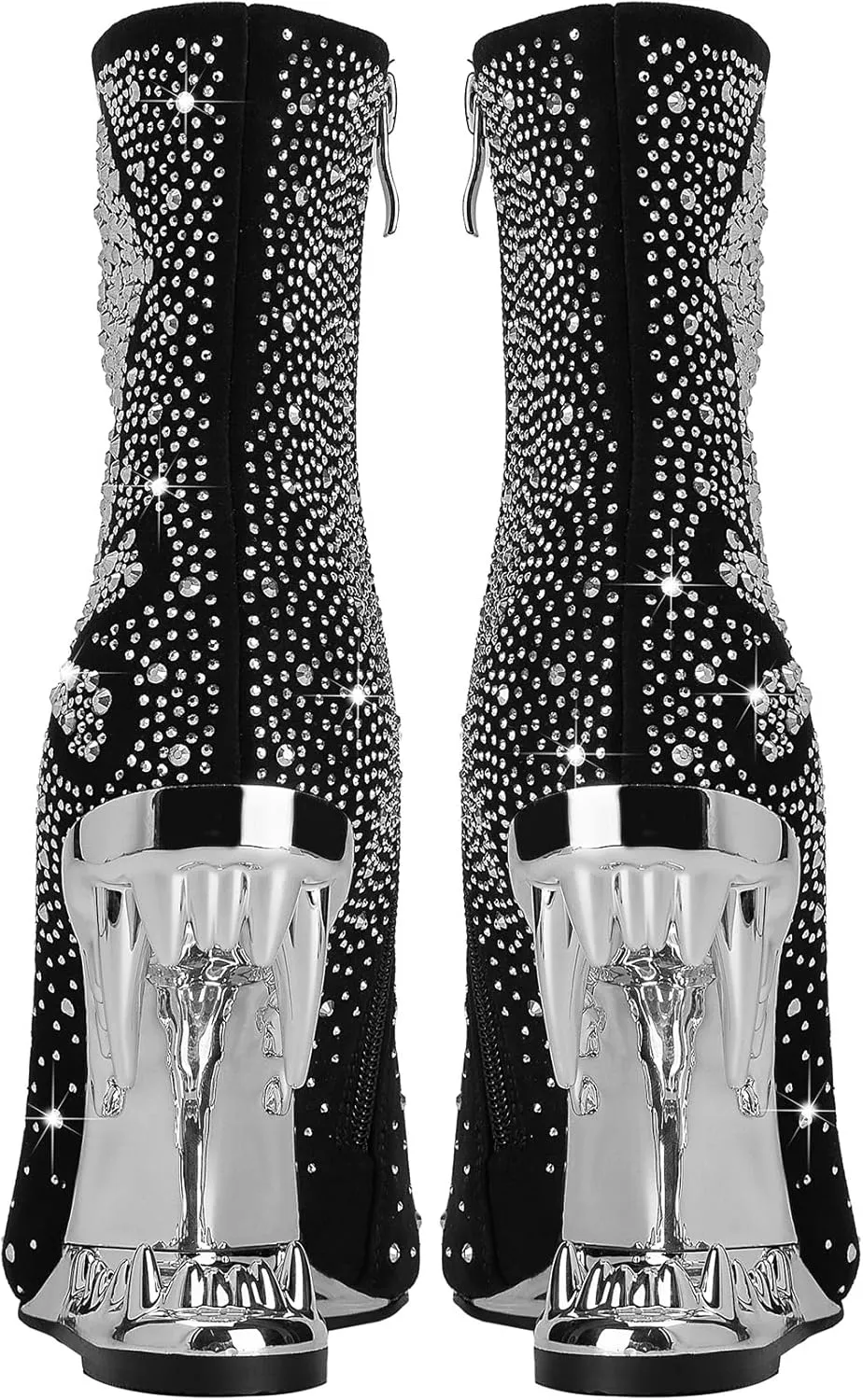 Rhinestone Sparkling Ankle Boots for Women Flame Shark Teeth Heel Booties Tiger Tooth High Heeled Glitter Boots