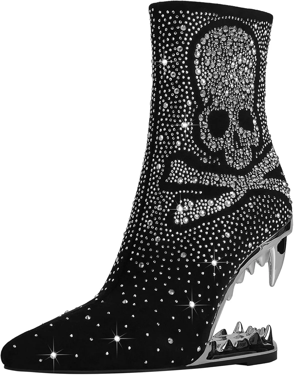Rhinestone Sparkling Ankle Boots for Women Flame Shark Teeth Heel Booties Tiger Tooth High Heeled Glitter Boots