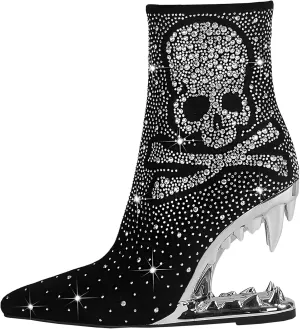 Rhinestone Sparkling Ankle Boots for Women Flame Shark Teeth Heel Booties Tiger Tooth High Heeled Glitter Boots