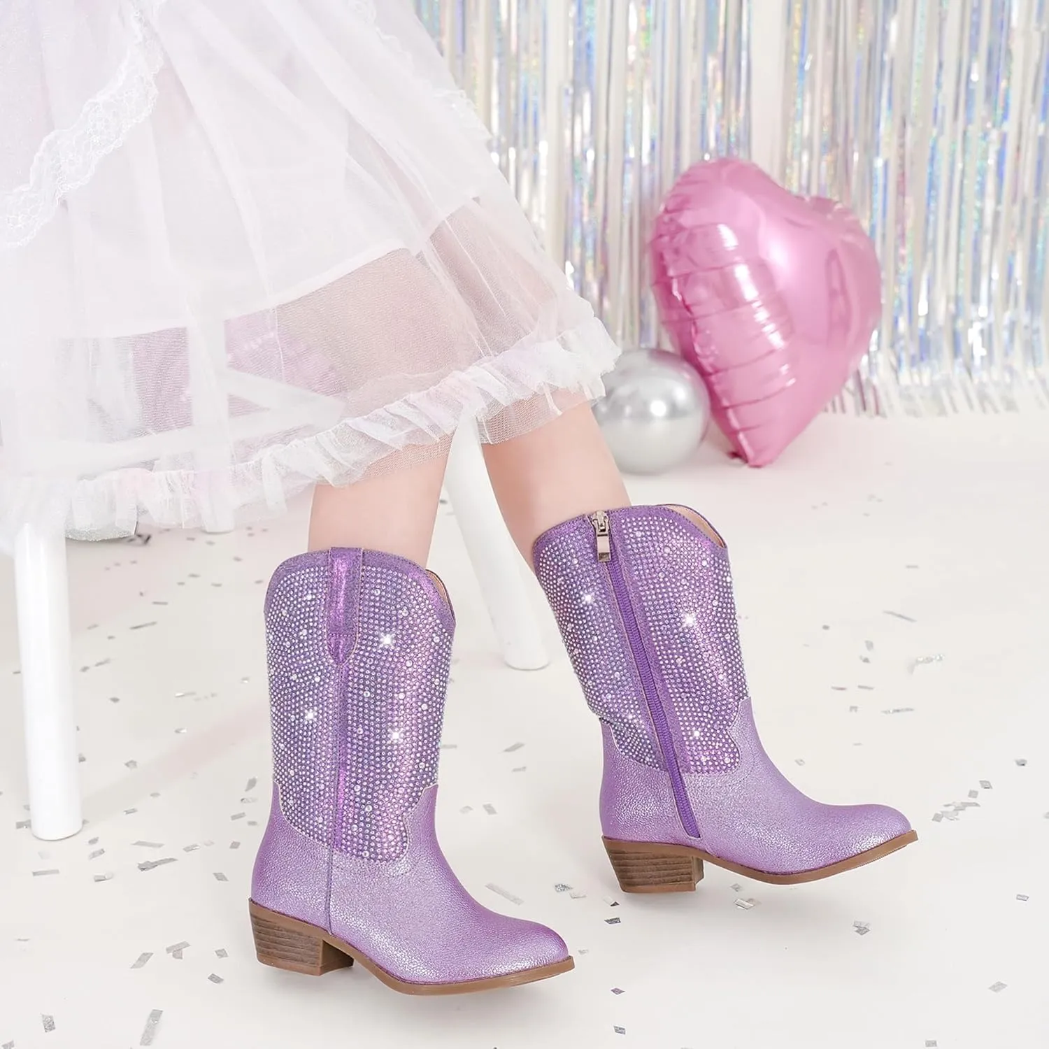 Rhinestone Sparkly Girls Cowgirl Cowboy Boots Little Kids Dress Boot Pointed Toes Low Heel Mid Calf Zipper Party Birthday Toddler to Big Kid