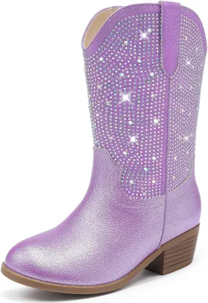Rhinestone Sparkly Girls Cowgirl Cowboy Boots Little Kids Dress Boot Pointed Toes Low Heel Mid Calf Zipper Party Birthday Toddler to Big Kid