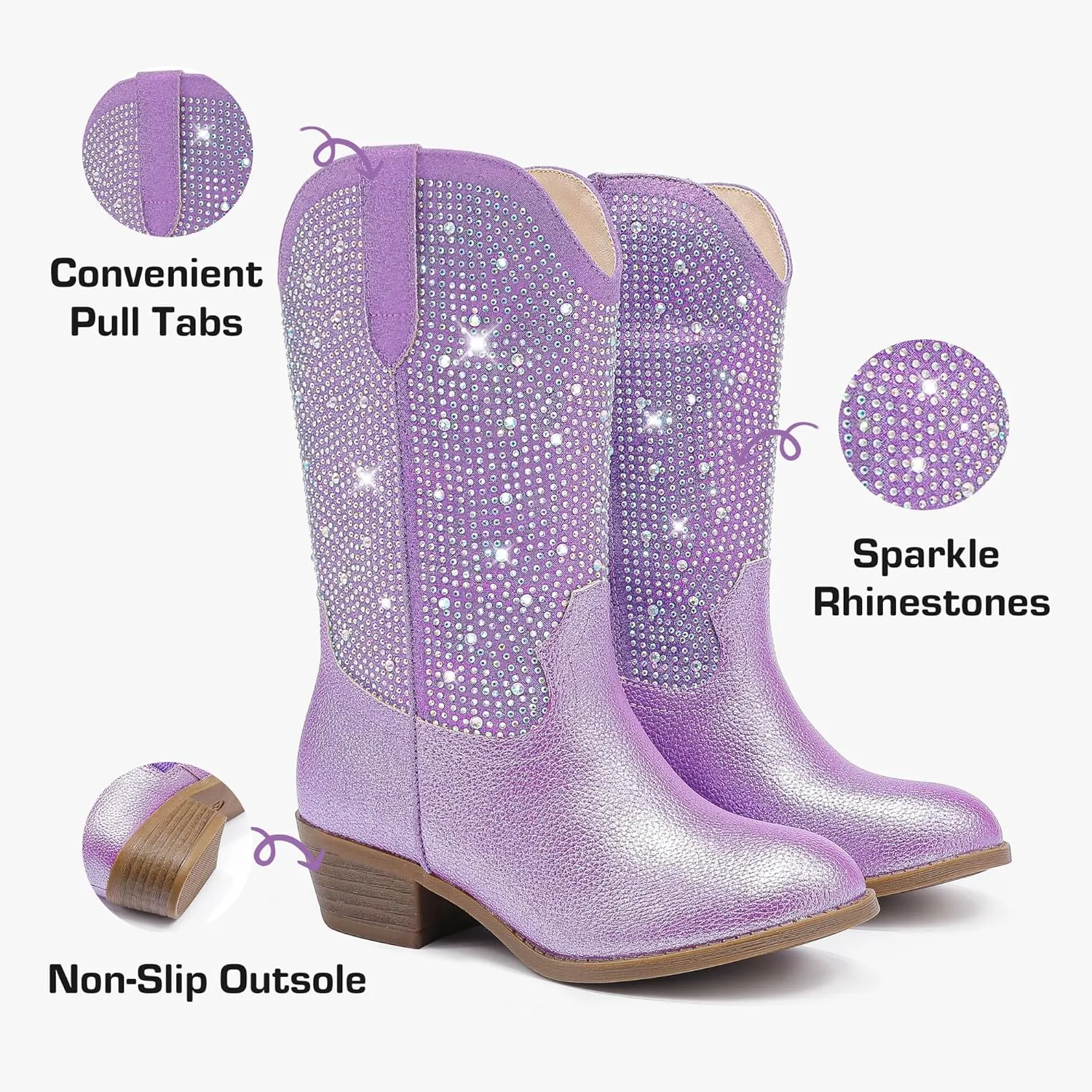 Rhinestone Sparkly Girls Cowgirl Cowboy Boots Little Kids Dress Boot Pointed Toes Low Heel Mid Calf Zipper Party Birthday Toddler to Big Kid