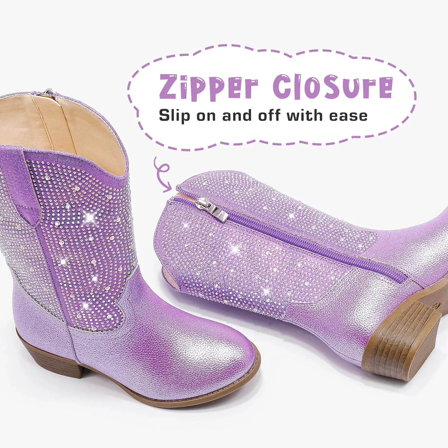 Rhinestone Sparkly Girls Cowgirl Cowboy Boots Little Kids Dress Boot Pointed Toes Low Heel Mid Calf Zipper Party Birthday Toddler to Big Kid