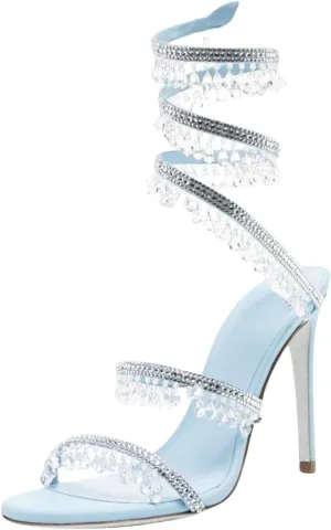 Rhinestone Wrap Around Strappy Stiletto High Heels for Women, Open Round Toe Lace Up Heeled Sandals for Wedding Prom Party Dress
