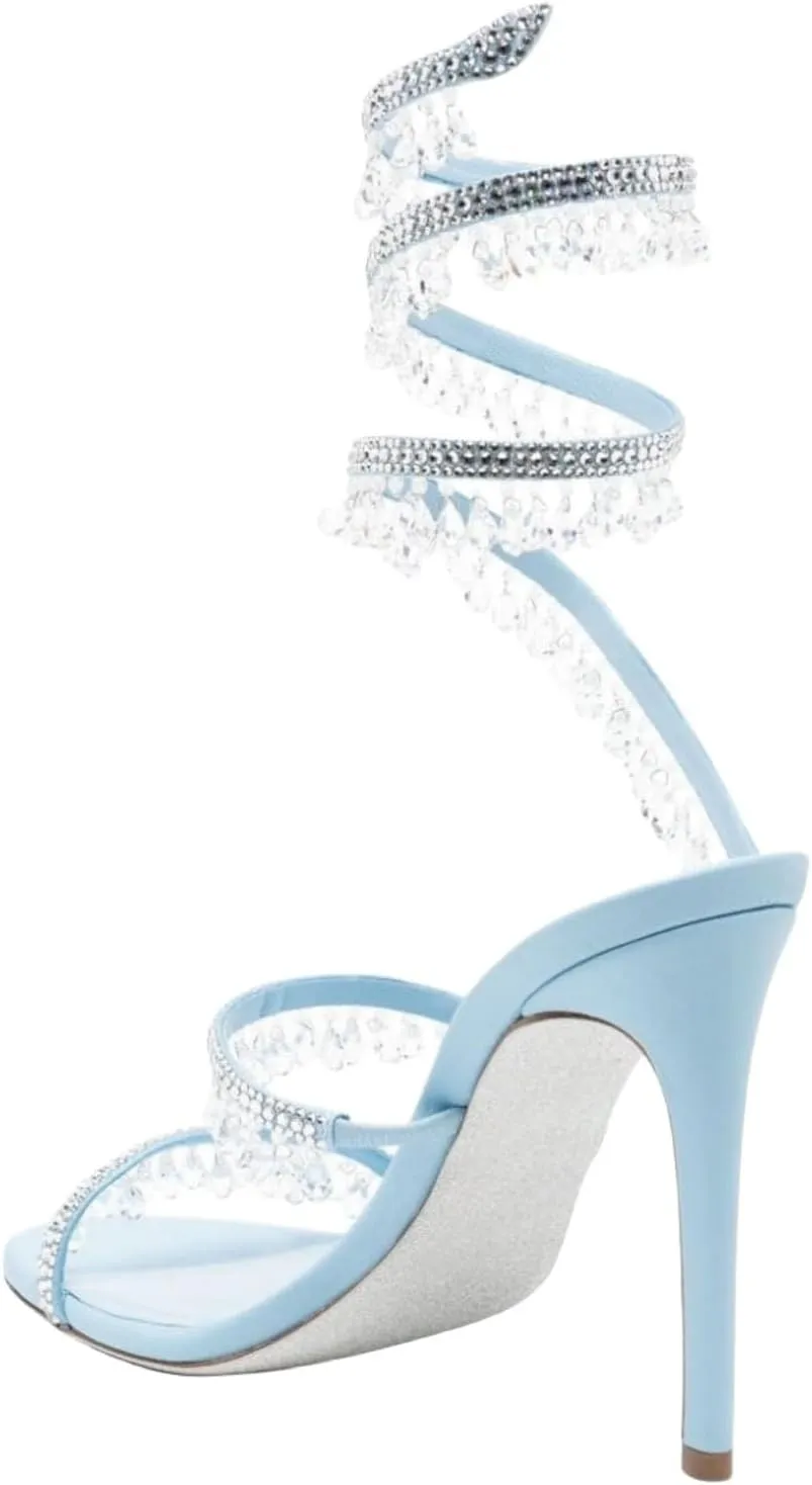 Rhinestone Wrap Around Strappy Stiletto High Heels for Women, Open Round Toe Lace Up Heeled Sandals for Wedding Prom Party Dress