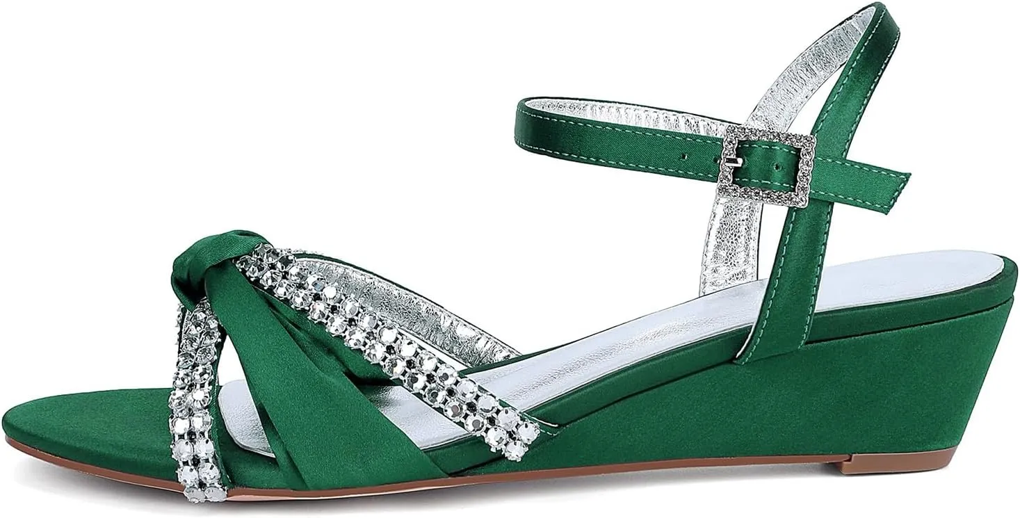 Rhinestones Ankle Buckle Bridal Sandals Wedges 4CM Open Toe Wedding Pump Women's Heels Shoes for Slingback Satin Pump