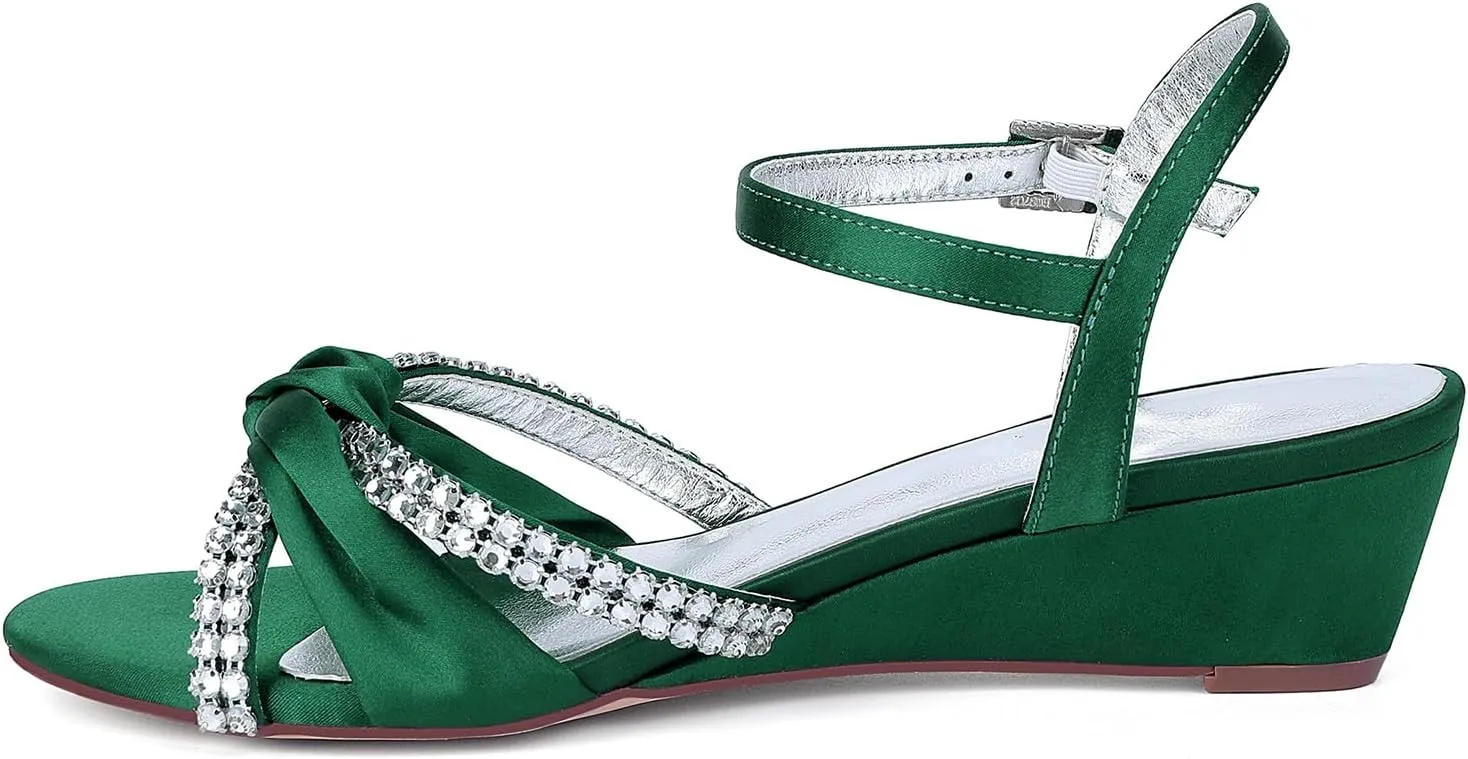 Rhinestones Ankle Buckle Bridal Sandals Wedges 4CM Open Toe Wedding Pump Women's Heels Shoes for Slingback Satin Pump