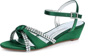 Rhinestones Ankle Buckle Bridal Sandals Wedges 4CM Open Toe Wedding Pump Women's Heels Shoes for Slingback Satin Pump
