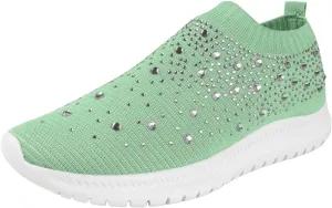 Rhinestones Casual Shoes or Women Slip On Sparkly Cushioned Footbed Soft Padded Insole Arch Support Jogging Tennis Sneakers Breathable Comfy Lightweight Walking Shoe for Gym Travel Daily Wear