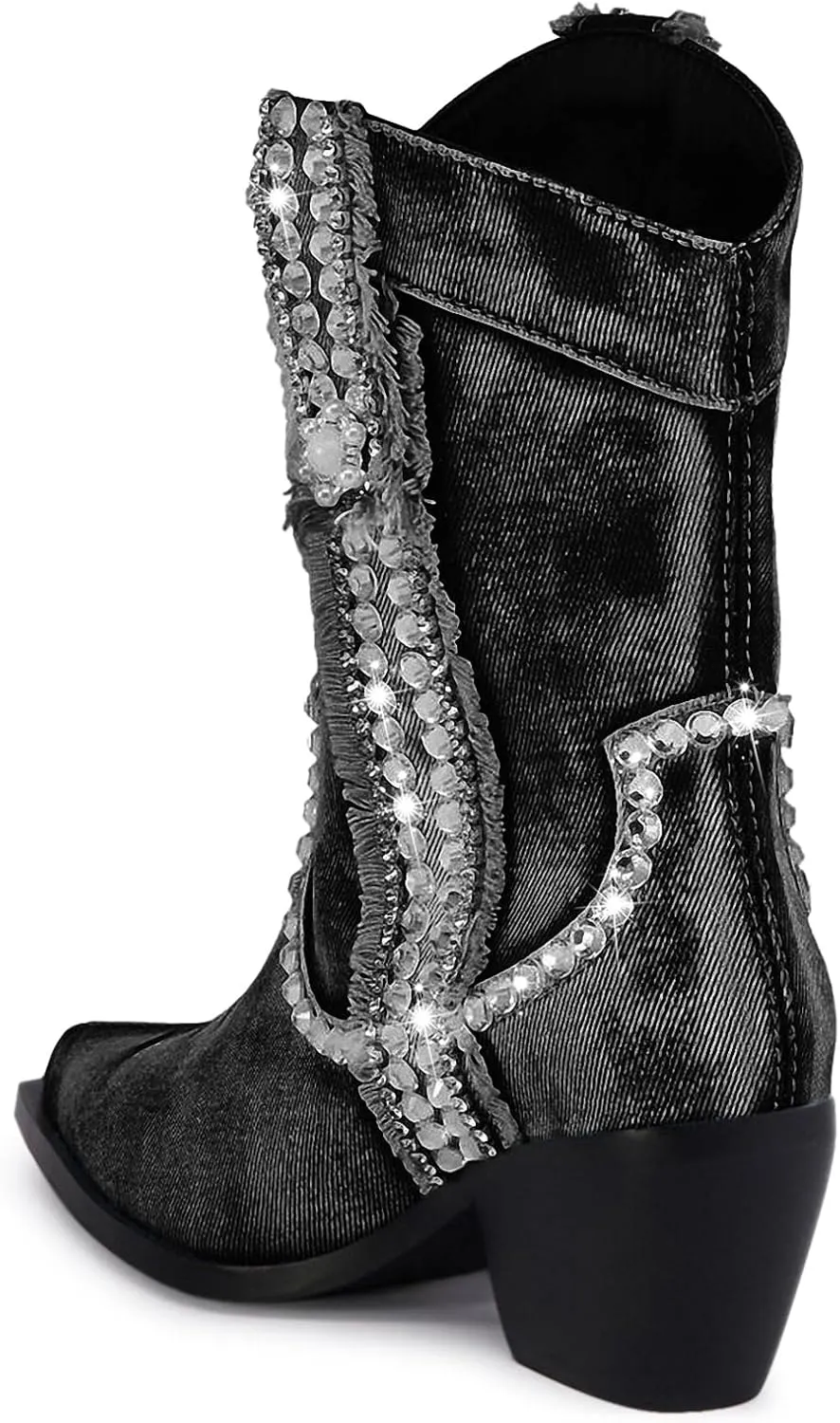 Rhinestones Denim Boots for Women Sparkly Wide Calf Cowboy Boots Almond Pointed Toe Chunky Block Heel Jean Mid Calf Cowgirl Boots Western Retro Jeans Ankle Short Boots