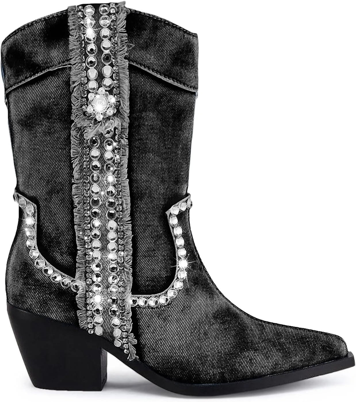 Rhinestones Denim Boots for Women Sparkly Wide Calf Cowboy Boots Almond Pointed Toe Chunky Block Heel Jean Mid Calf Cowgirl Boots Western Retro Jeans Ankle Short Boots