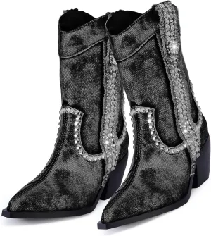 Rhinestones Denim Boots for Women Sparkly Wide Calf Cowboy Boots Almond Pointed Toe Chunky Block Heel Jean Mid Calf Cowgirl Boots Western Retro Jeans Ankle Short Boots