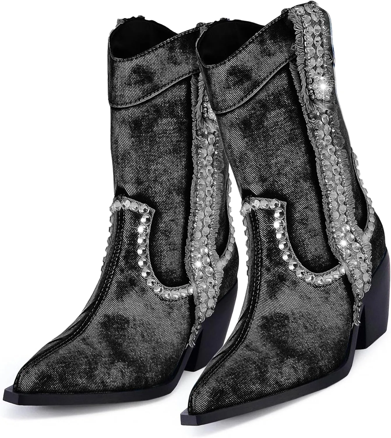 Rhinestones Denim Boots for Women Sparkly Wide Calf Cowboy Boots Almond Pointed Toe Chunky Block Heel Jean Mid Calf Cowgirl Boots Western Retro Jeans Ankle Short Boots