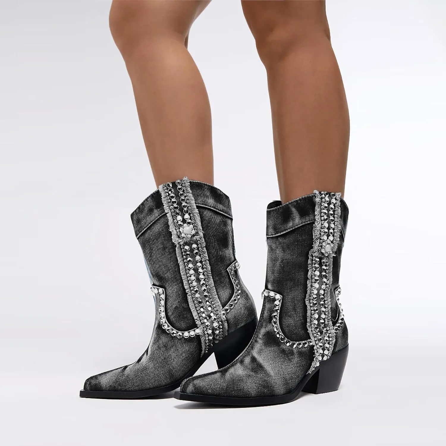 Rhinestones Denim Boots for Women Sparkly Wide Calf Cowboy Boots Almond Pointed Toe Chunky Block Heel Jean Mid Calf Cowgirl Boots Western Retro Jeans Ankle Short Boots
