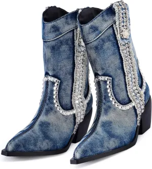 Rhinestones Denim Boots for Women Sparkly Wide Calf Cowboy Boots Almond Pointed Toe Chunky Block Heel Jean Mid Calf Cowgirl Boots Western Retro Jeans Ankle Short Boots