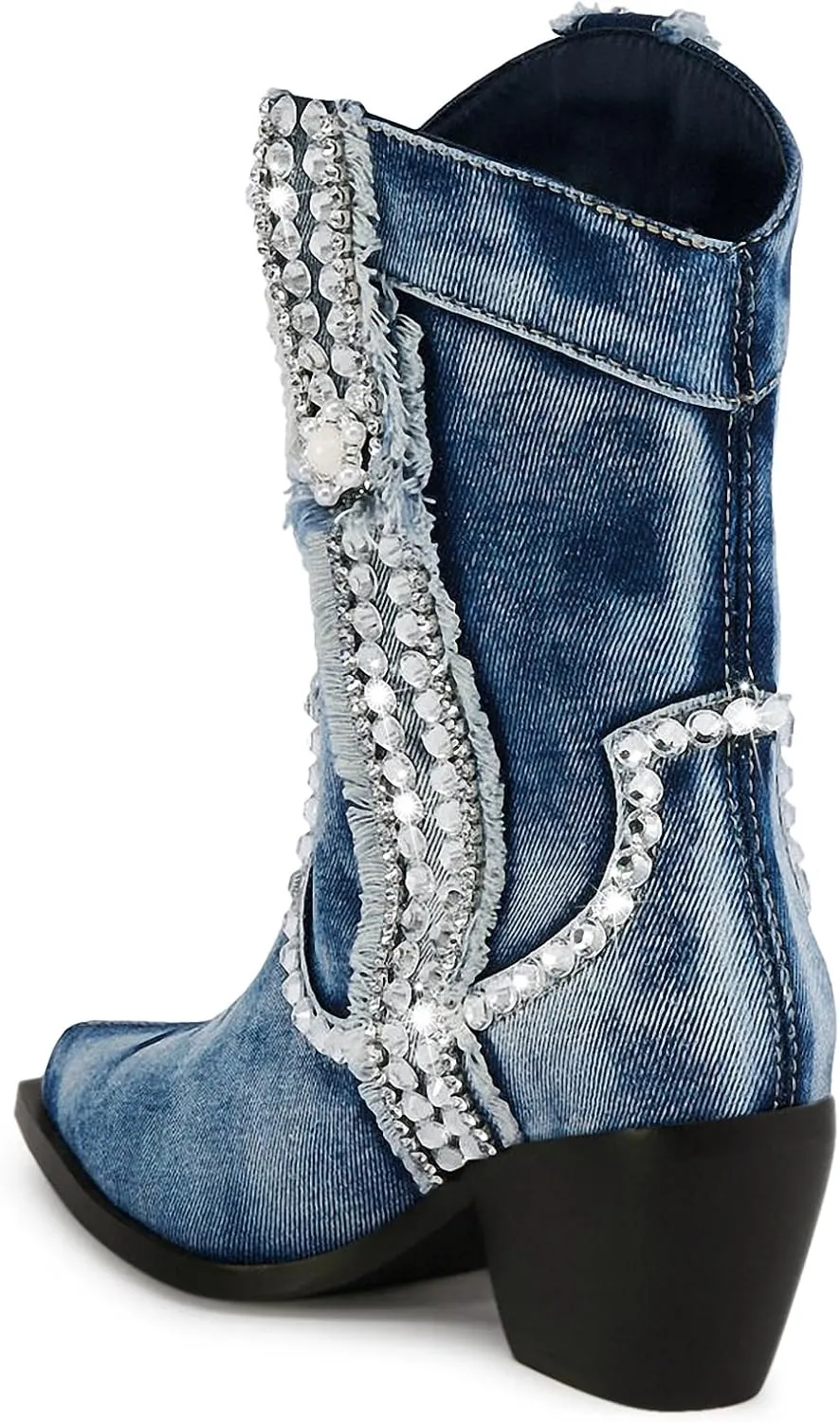 Rhinestones Denim Boots for Women Sparkly Wide Calf Cowboy Boots Almond Pointed Toe Chunky Block Heel Jean Mid Calf Cowgirl Boots Western Retro Jeans Ankle Short Boots