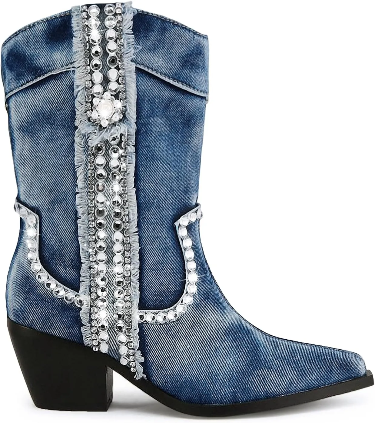Rhinestones Denim Boots for Women Sparkly Wide Calf Cowboy Boots Almond Pointed Toe Chunky Block Heel Jean Mid Calf Cowgirl Boots Western Retro Jeans Ankle Short Boots