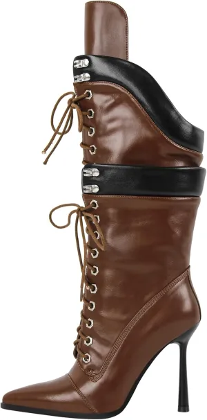 Richealnana Women's Double Lace Pointed Toe Stiletto High Heel Lace Up Strappy Knee High Boots