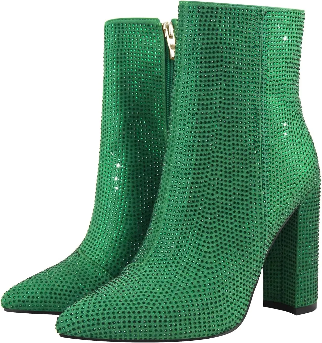 richealnini Womens Sexy Rhinestones Pointed Toe Block High Heel Ankle Boots