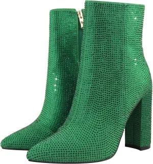 richealnini Womens Sexy Rhinestones Pointed Toe Block High Heel Ankle Boots