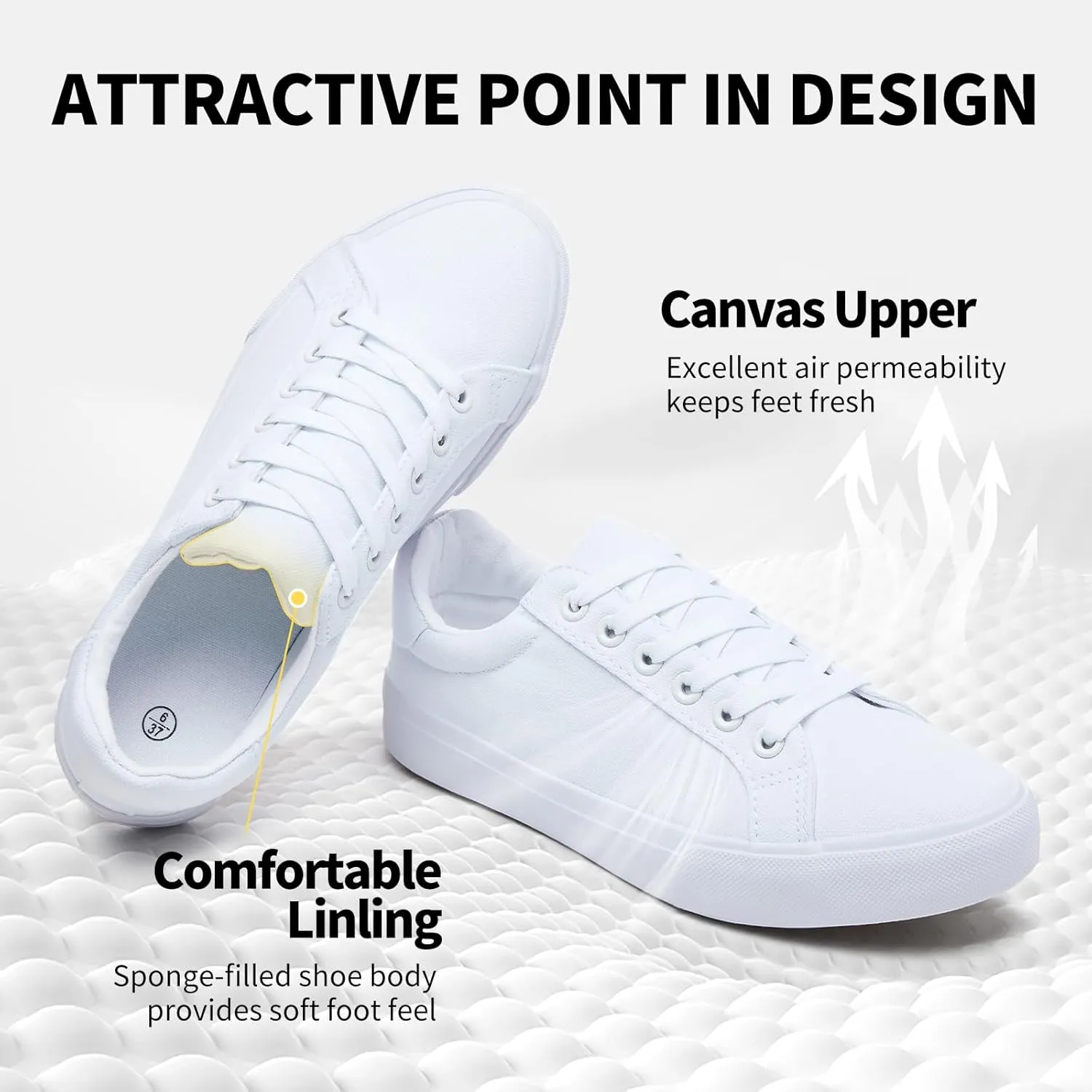 Rominz Women's White Canvas Sneakers Black Casual Non Slip Shoes Lightweight Comfortable Walking Shoes for Women