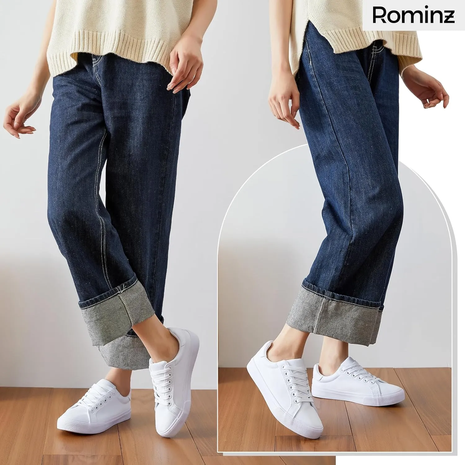 Rominz Women's White Canvas Sneakers Black Casual Non Slip Shoes Lightweight Comfortable Walking Shoes for Women