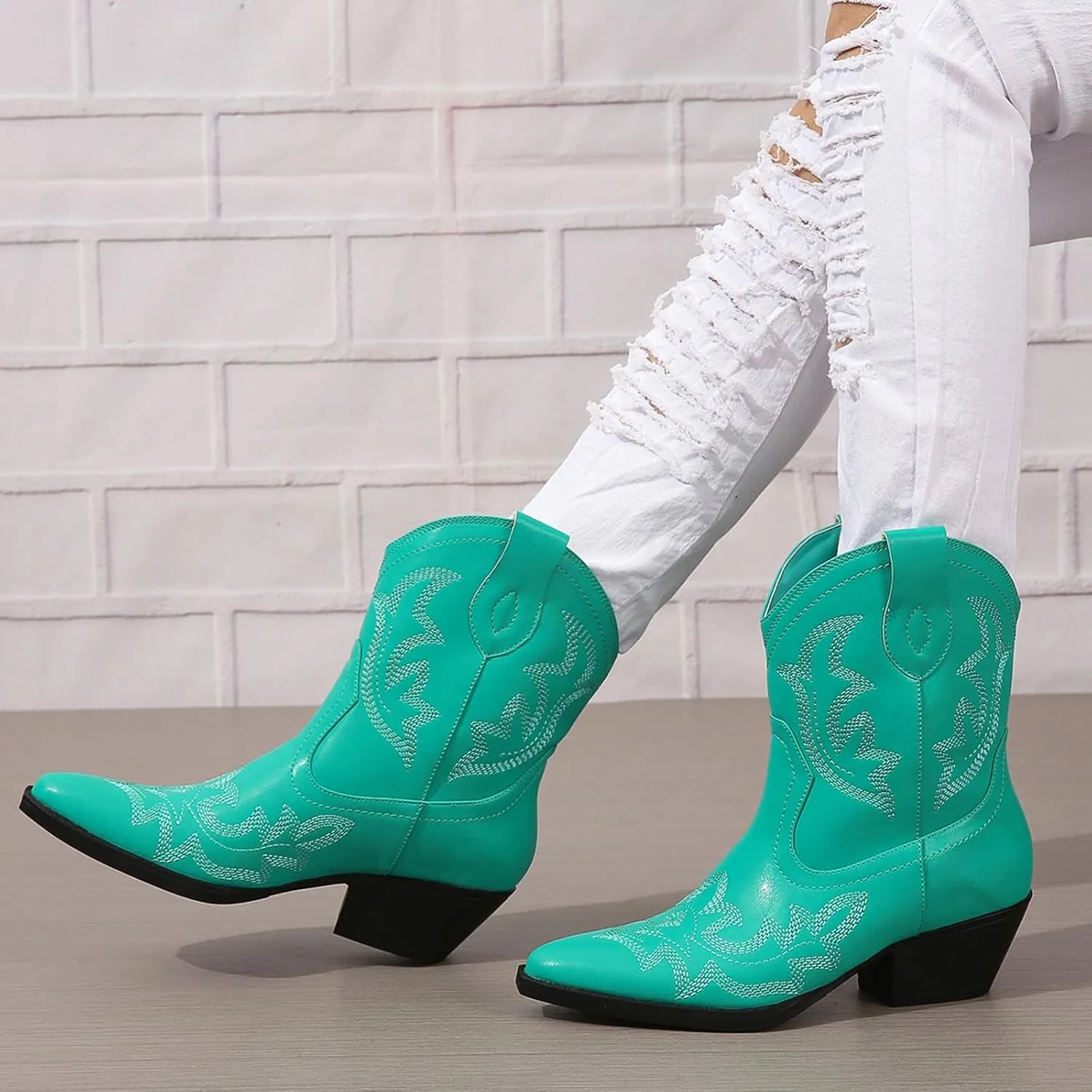 SACFOF Cowgirl Cowboy Boots for Women Wide Calf Western Ankle Boots Booties Stitched Embroidered Pointed Toe Short Chunky Heel Pull On Boots