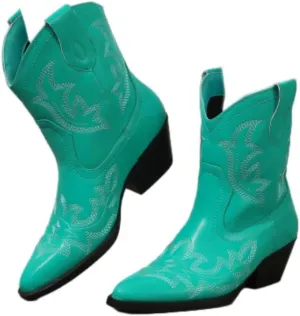 SACFOF Cowgirl Cowboy Boots for Women Wide Calf Western Ankle Boots Booties Stitched Embroidered Pointed Toe Short Chunky Heel Pull On Boots