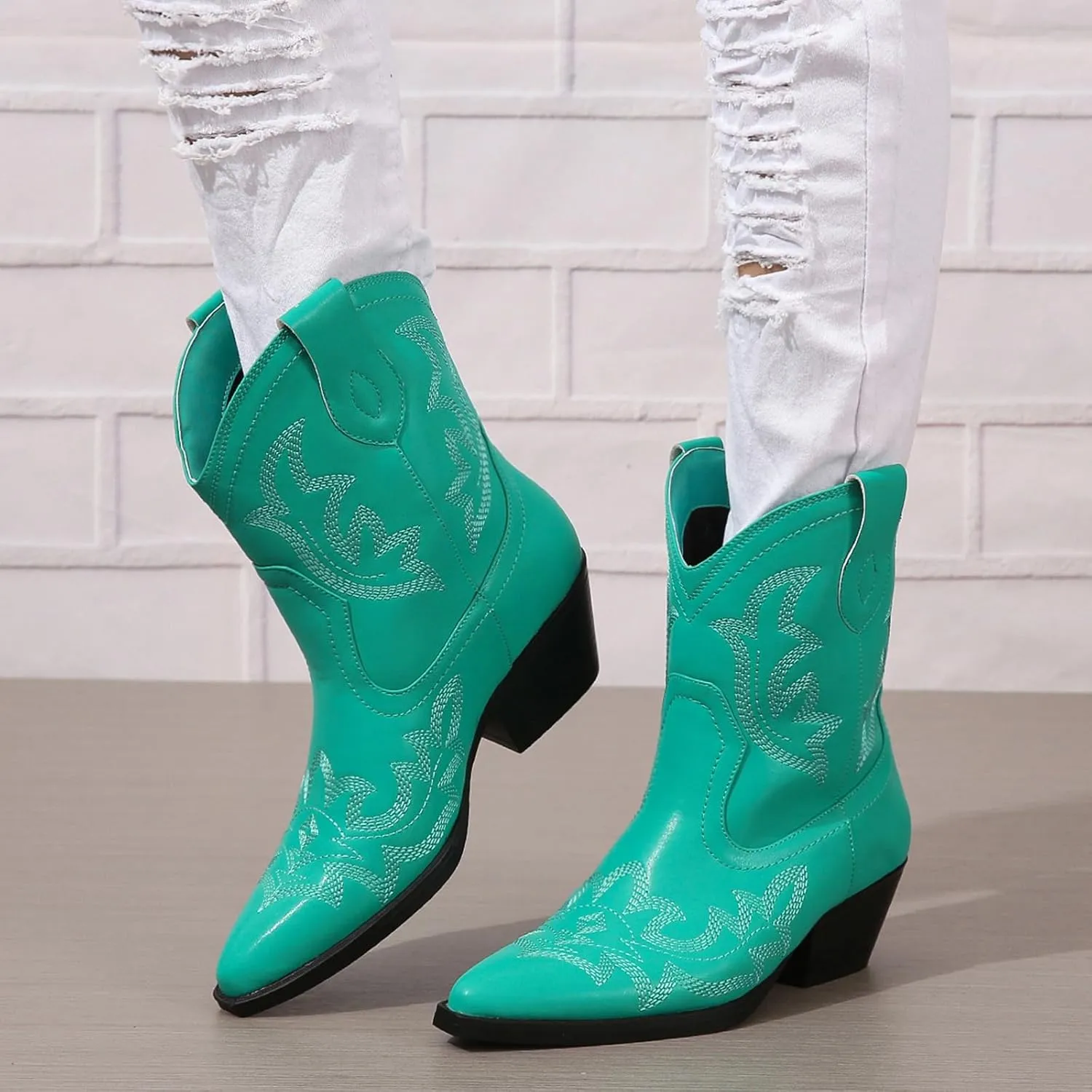 SACFOF Cowgirl Cowboy Boots for Women Wide Calf Western Ankle Boots Booties Stitched Embroidered Pointed Toe Short Chunky Heel Pull On Boots