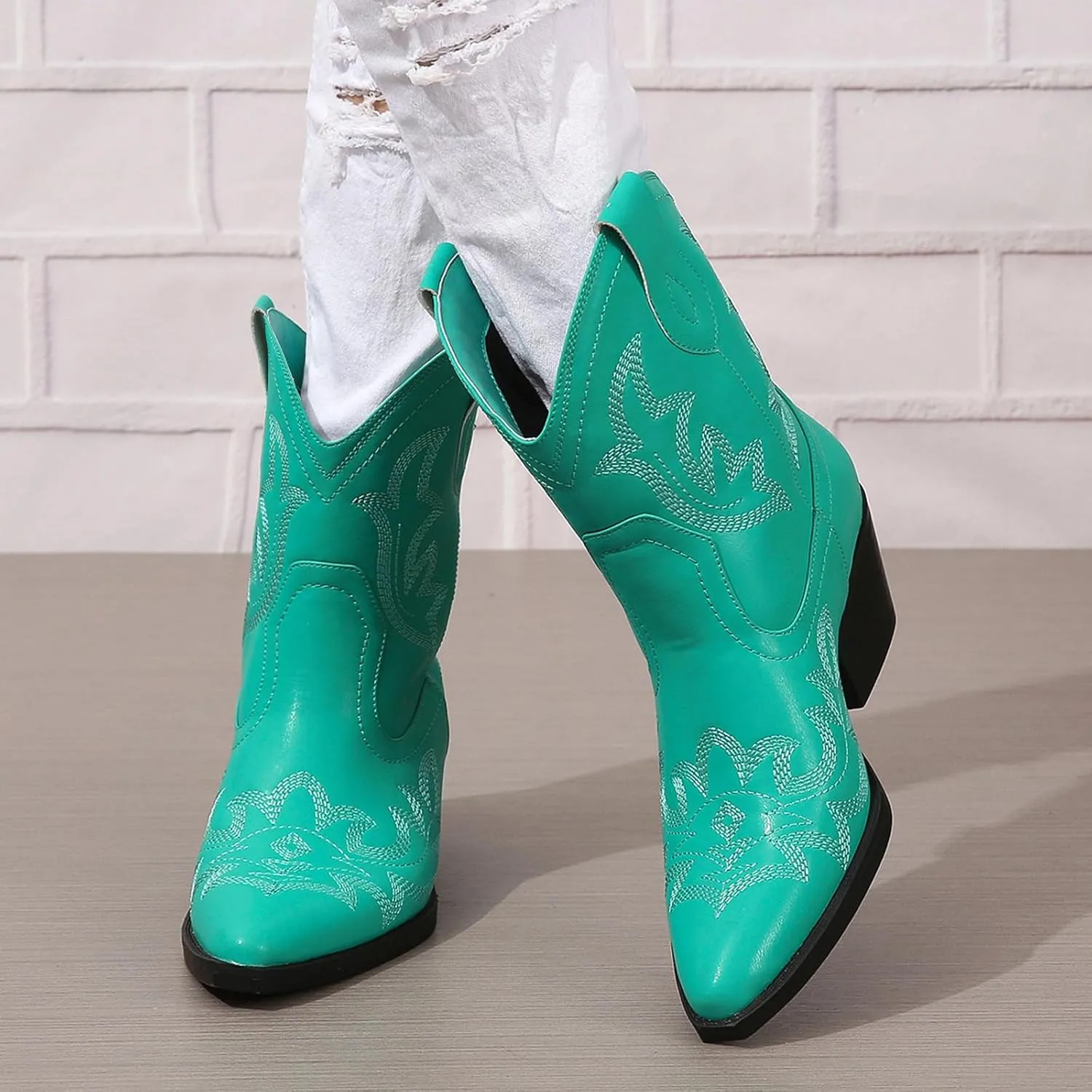 SACFOF Cowgirl Cowboy Boots for Women Wide Calf Western Ankle Boots Booties Stitched Embroidered Pointed Toe Short Chunky Heel Pull On Boots