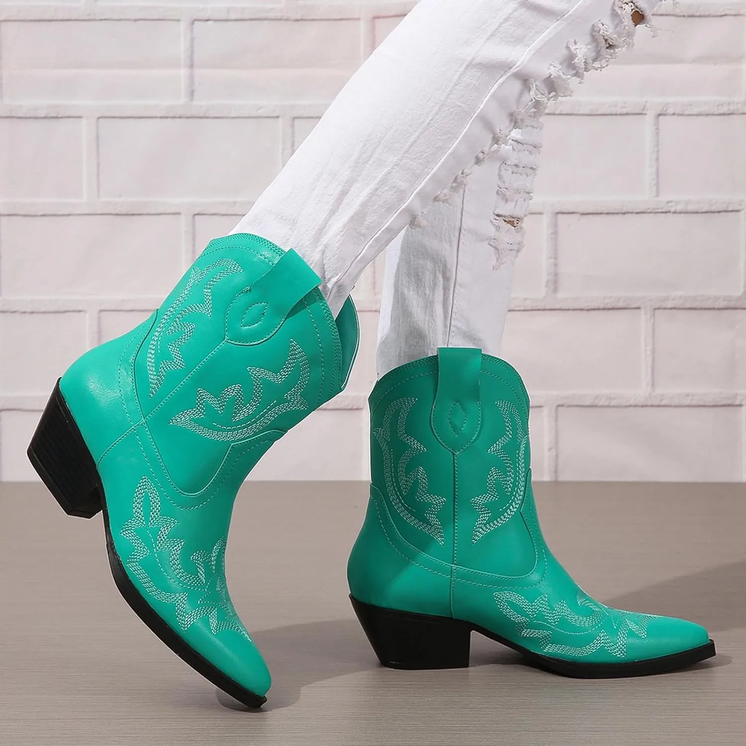 SACFOF Cowgirl Cowboy Boots for Women Wide Calf Western Ankle Boots Booties Stitched Embroidered Pointed Toe Short Chunky Heel Pull On Boots