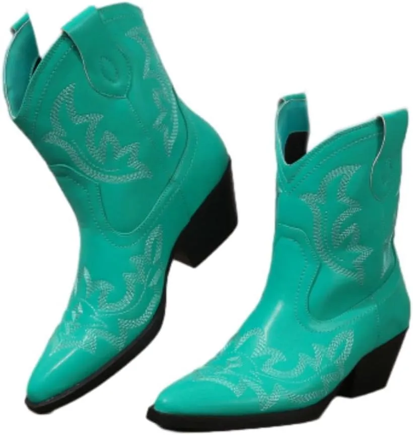 SACFOF Cowgirl Cowboy Boots for Women Wide Calf Western Ankle Boots Booties Stitched Embroidered Pointed Toe Short Chunky Heel Pull On Boots