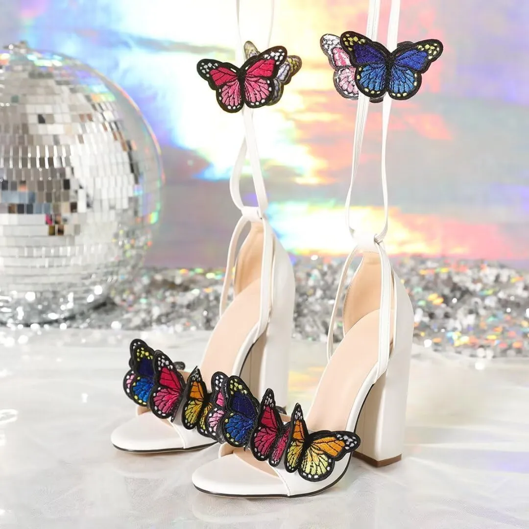 SACFOF Strappy Sandals for Women Butterfly Chunky High Heels Ankle Wrap Sandals Open Toe Lace-up Heeled Dressy Sandals