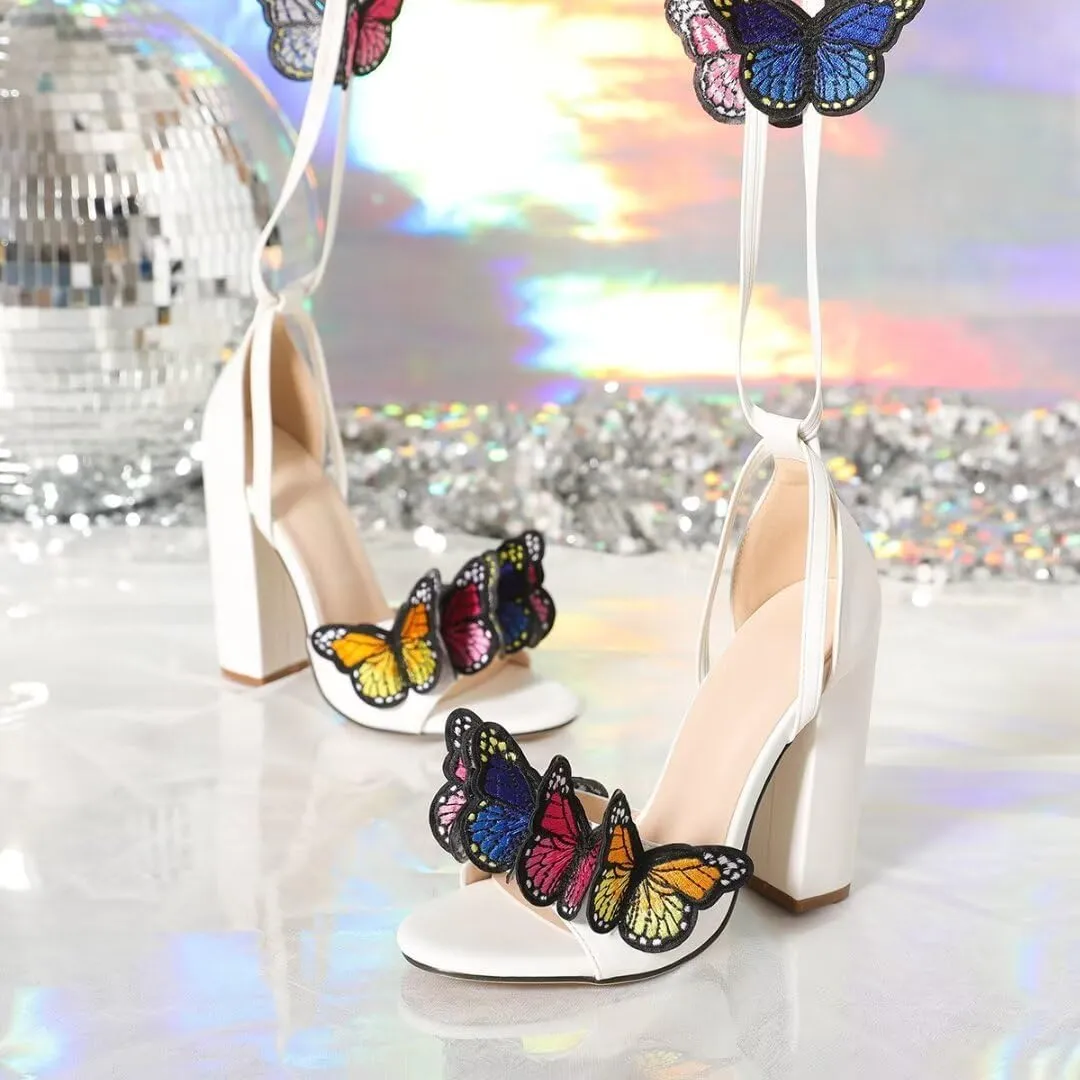 SACFOF Strappy Sandals for Women Butterfly Chunky High Heels Ankle Wrap Sandals Open Toe Lace-up Heeled Dressy Sandals