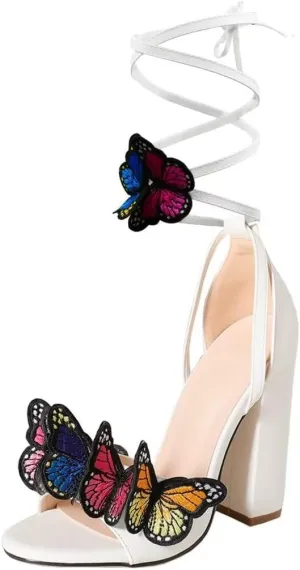SACFOF Strappy Sandals for Women Butterfly Chunky High Heels Ankle Wrap Sandals Open Toe Lace-up Heeled Dressy Sandals