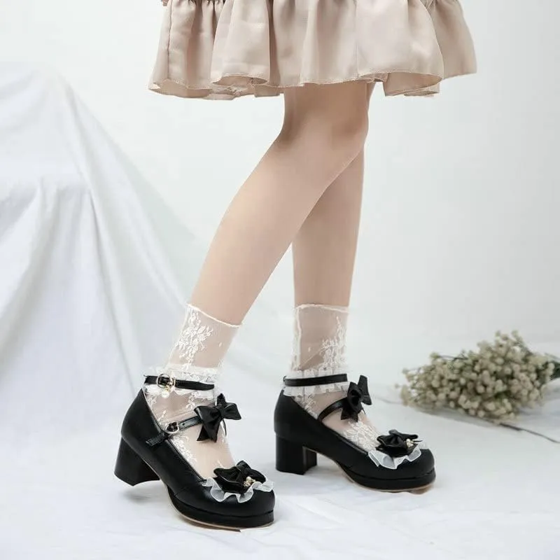 SACFOF Women Cute Lolita Shoes Platform Mary Janes Kawaii Strappy Ankle Strap Sweet Pumps Lace Cross Tied Dress Shoes