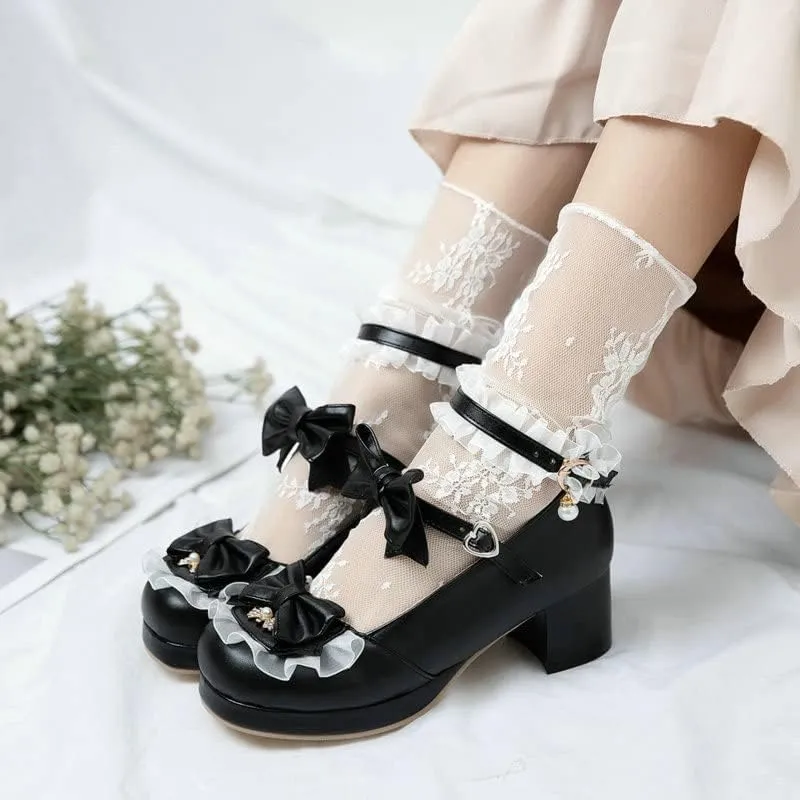 SACFOF Women Cute Lolita Shoes Platform Mary Janes Kawaii Strappy Ankle Strap Sweet Pumps Lace Cross Tied Dress Shoes