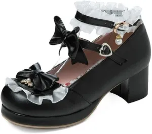 SACFOF Women Cute Lolita Shoes Platform Mary Janes Kawaii Strappy Ankle Strap Sweet Pumps Lace Cross Tied Dress Shoes